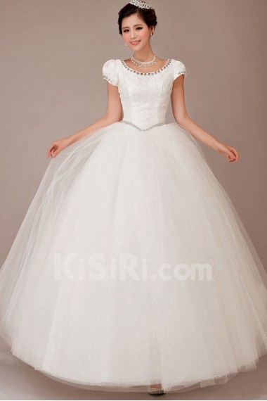 Satin Bateau Neckline Floor Length Ball Gown with Crystals