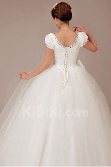 Satin Bateau Neckline Floor Length Ball Gown with Crystals