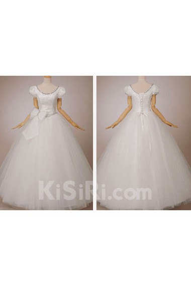 Satin Bateau Neckline Floor Length Ball Gown with Crystals