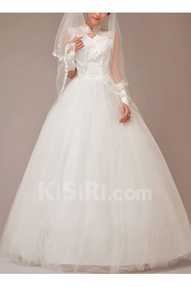 Satin and Lace High Collar Neckline Floor Length Ball Gown with Flowers