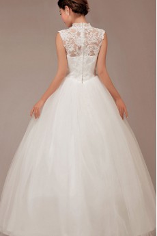 Satin and Lace High Collar Neckline Floor Length Ball Gown with Flowers