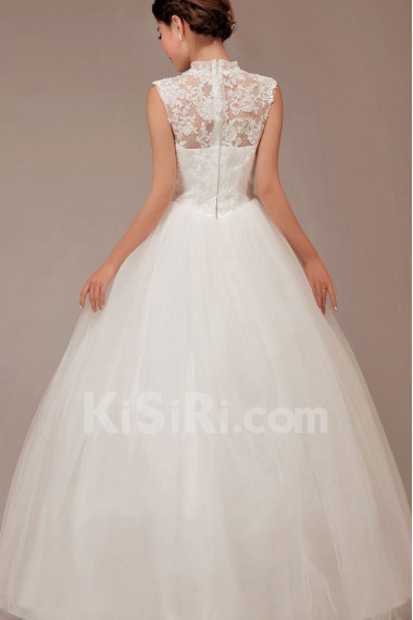 Satin and Lace High Collar Neckline Floor Length Ball Gown with Flowers