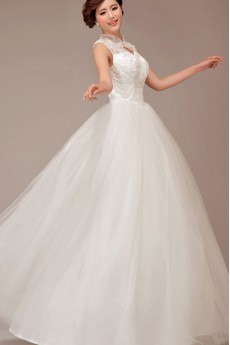 Satin and Lace High Collar Neckline Floor Length Ball Gown with Flowers