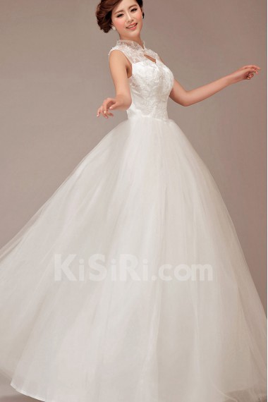 Satin and Lace High Collar Neckline Floor Length Ball Gown with Flowers