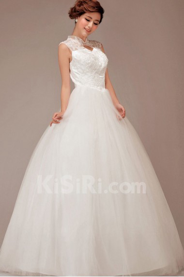 Satin and Lace High Collar Neckline Floor Length Ball Gown with Flowers