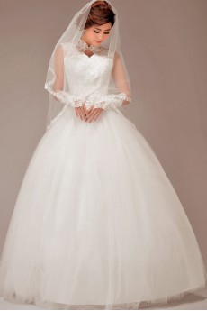 Satin and Lace High Collar Neckline Floor Length Ball Gown with Flowers