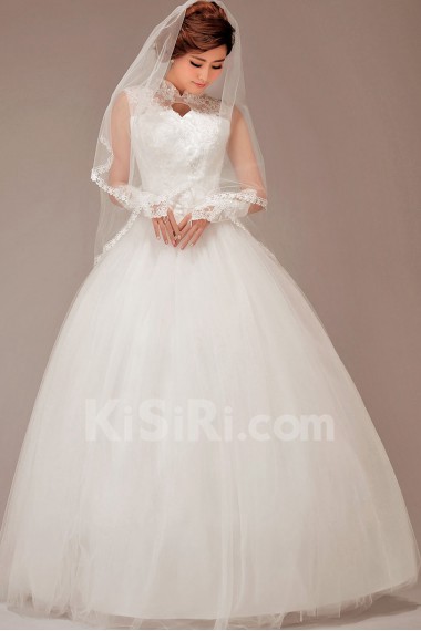 Satin and Lace High Collar Neckline Floor Length Ball Gown with Flowers