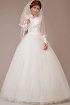 Satin and Lace High Collar Neckline Floor Length Ball Gown with Flowers