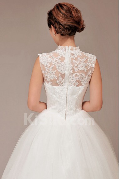 Satin and Lace High Collar Neckline Floor Length Ball Gown with Flowers