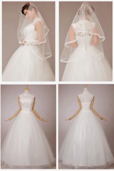 Satin and Lace High Collar Neckline Floor Length Ball Gown with Flowers