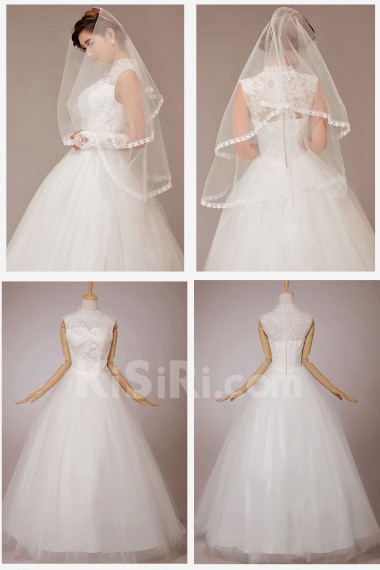 Satin and Lace High Collar Neckline Floor Length Ball Gown with Flowers