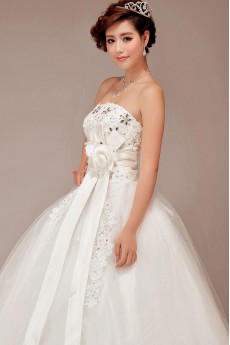 Satin and Lace Strapless Floor Length Ball Gown with Crystals