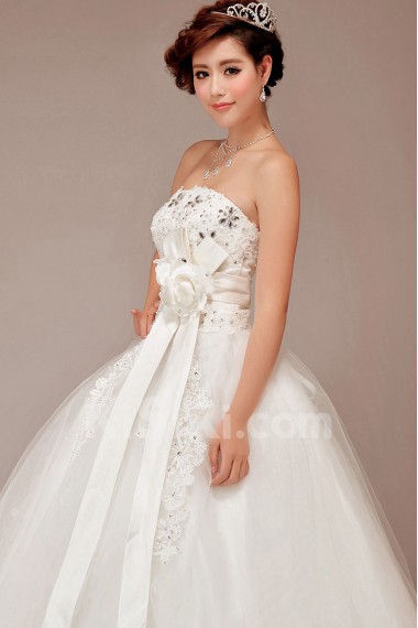 Satin and Lace Strapless Floor Length Ball Gown with Crystals