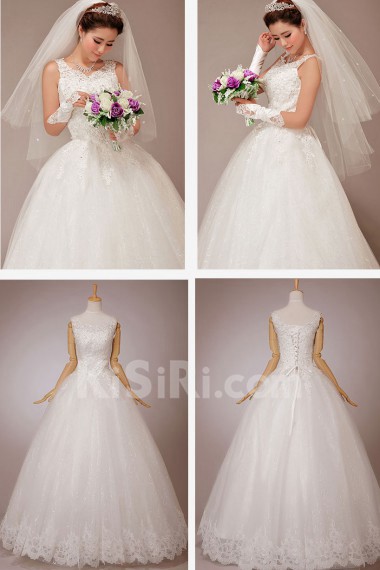 Satin and Tulle Straps Floor Length Ball Gown with Embroidered