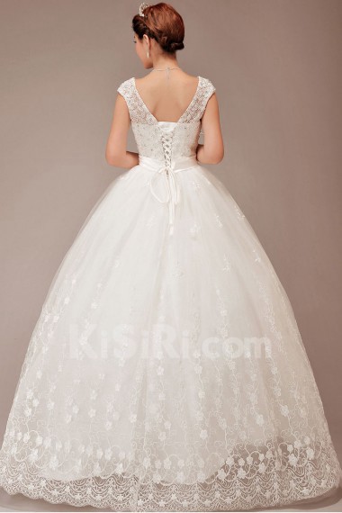 Satin and Tulle V-Neck Floor Length Ball Gown with Embroidered