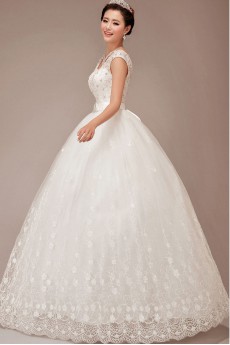 Satin and Tulle V-Neck Floor Length Ball Gown with Embroidered