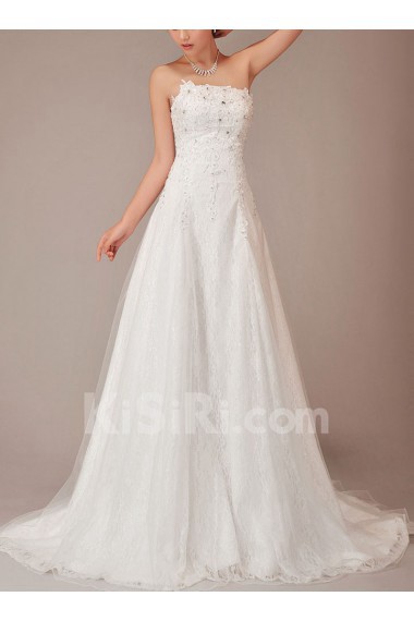 Satin and Lace Strapless Chapel Train A-Line Dress with Crystals