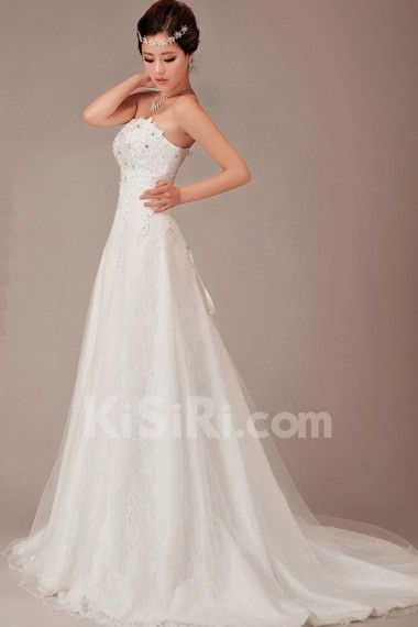 Satin and Lace Strapless Chapel Train A-Line Dress with Crystals