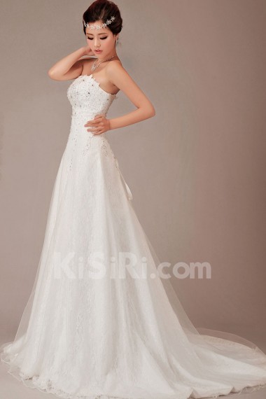 Satin and Lace Strapless Chapel Train A-Line Dress with Crystals