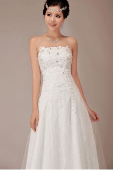 Satin and Lace Strapless Chapel Train A-Line Dress with Crystals