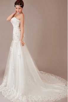 Satin and Lace Strapless Chapel Train A-Line Dress with Sequins