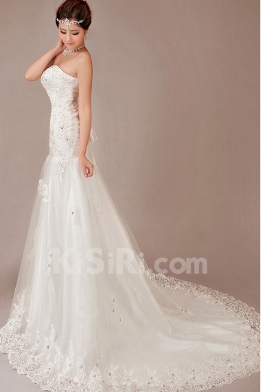 Satin and Lace Strapless Chapel Train A-Line Dress with Sequins