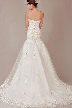 Satin and Lace Strapless Chapel Train A-Line Dress with Sequins