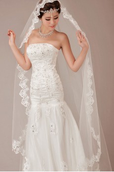 Satin and Lace Strapless Chapel Train A-Line Dress with Sequins