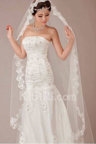 Satin and Lace Strapless Chapel Train A-Line Dress with Sequins