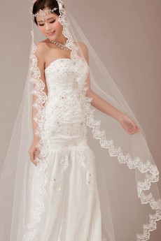 Satin and Lace Strapless Chapel Train A-Line Dress with Sequins