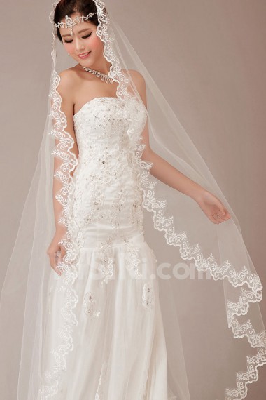 Satin and Lace Strapless Chapel Train A-Line Dress with Sequins