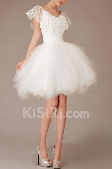 Lace V-Neck Short Ball Gown with Ruffle