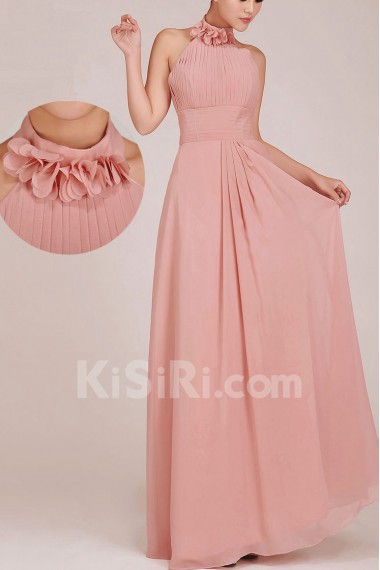 Chiffon High Collar Neckline Floor Length A-Line Dress with Ruched