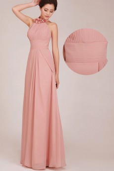 Chiffon High Collar Neckline Floor Length A-Line Dress with Ruched