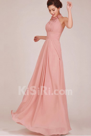 Chiffon High Collar Neckline Floor Length A-Line Dress with Ruched