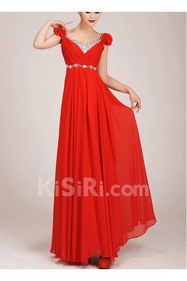 Chiffon V-Neck Floor Length Column Dress with Rhinestones