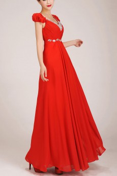 Chiffon V-Neck Floor Length Column Dress with Rhinestones