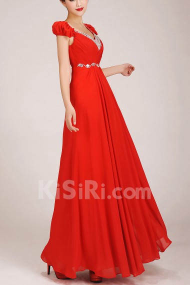 Chiffon V-Neck Floor Length Column Dress with Rhinestones