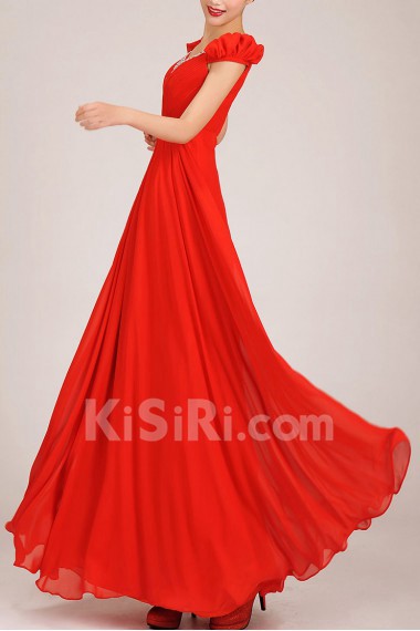 Chiffon V-Neck Floor Length Column Dress with Rhinestones