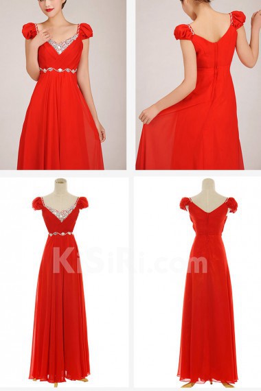 Chiffon V-Neck Floor Length Column Dress with Rhinestones