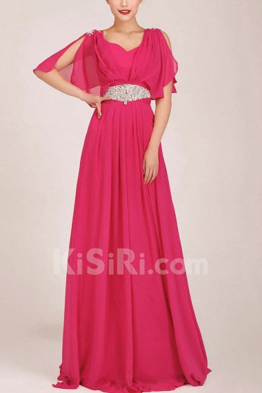 Chiffon V-Neck Chapel Train A-Line Dress with Crystals