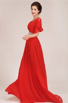 Chiffon V-Neck Chapel Train A-Line Dress with Crystals