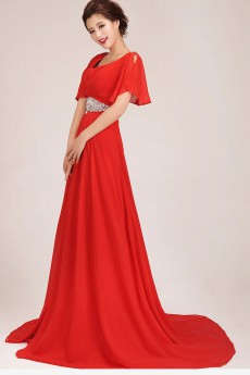 Chiffon V-Neck Chapel Train A-Line Dress with Crystals