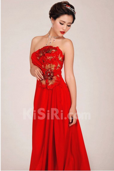 Chiffon Strapless Floor Length A-Line Dress with Embroidered