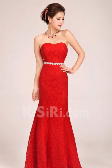 Satin and Lace Sweetheart Floor Length Sheath Dress with Crystals