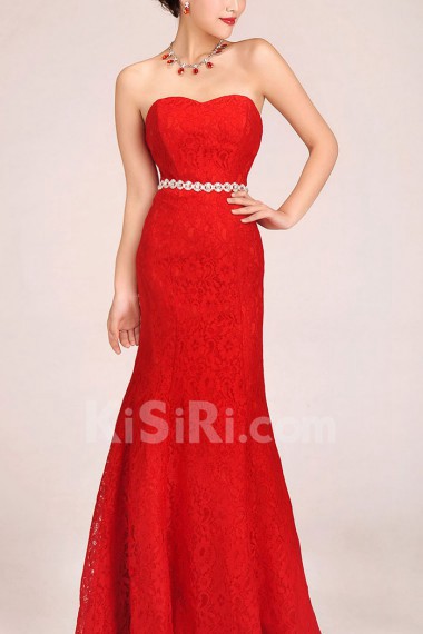 Satin and Lace Sweetheart Floor Length Sheath Dress with Crystals