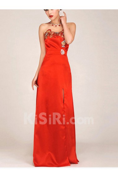 Satin Strapless Floor Length Column Dress with Embroidered