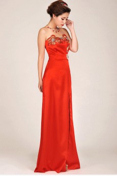 Satin Strapless Floor Length Column Dress with Embroidered