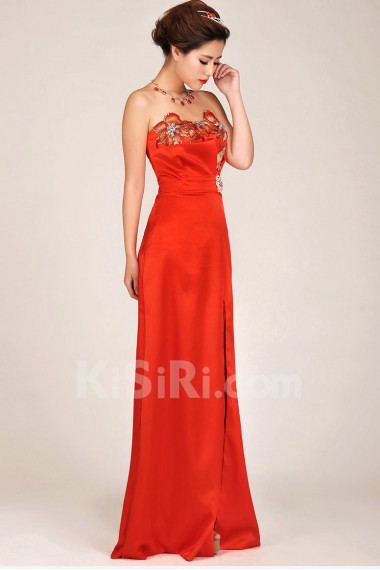 Satin Strapless Floor Length Column Dress with Embroidered