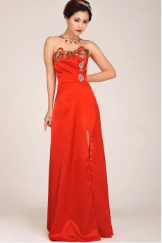 Satin Strapless Floor Length Column Dress with Embroidered